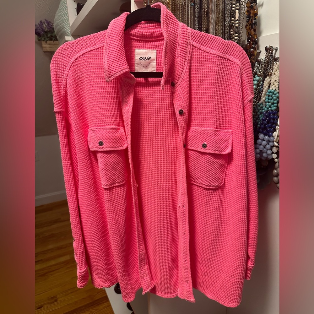 Aerie Lumberjane Button Waffle Shirt Hot Pink size small